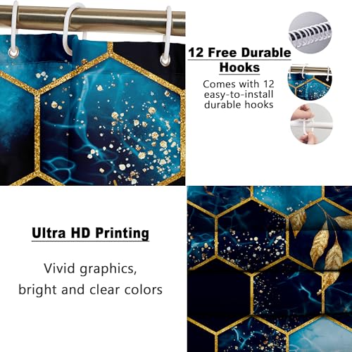 Poedist 4 Pcs Bathroom Shower Curtain Set,Bathroom Sets with Rugs(Bath Mat,U Shape and Toilet Lid Cover Mat) and 12 Hooks,Sky Blue Honeycomb Marble - color: Blue