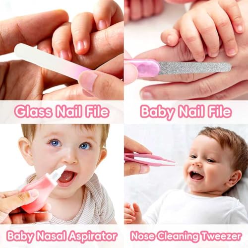 Baby Grooming Kit, Infant Safety Care Set with Hair Brush Comb Nail Clipper Nasal Aspirator,Baby Essentials Kit for Newborn Girls Boys (Pink) - style: Pink Kit+White Brush