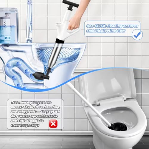 Toilet Plunger,High Pressure Toilet Plunger Heavy Duty,Toilet Auger Air Drain Blaster with Pressure Gauge,Toilet Unclogger for Bathroom and Plumbing Clogs - color: White