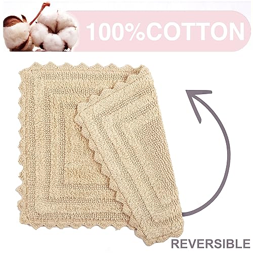 TreeWool 2-Pack Gorjeeus Collection Soft Reversible Bathroom Rug Cotton Bath Mat Set with Crochet Border - Rectangle (19" x 26"; Beige) - color: Beige