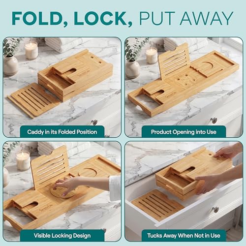 SereneLife 2 in 1 Bed and Bath Tray - Foldable Bamboo Bathtub Caddy with Adjustable Length, Non-Slip, Device Holder, Wine Glass Slot, Expandable for Comfortable Bathing, Natural, Folding Set - color: Natural, Folding