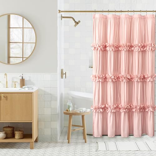 Homechoice Decor Victorian Peach Ruffle Shower Curtain 60"W x 72"L, Ruched Microfiber Vintage Handcrafted Bow Tie, Stall Size Bath Curtain with 10 Buttonholes, Machine Washable and Dry Quickly (LQ-10) - color: Peach Pink, size: 60"W x 72"L (Pack of 1)