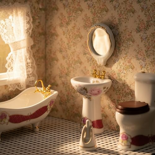 Dollhouse Bathroom Set 5PCS Miniature Porcelain Furniture 1/12 Victorian Dollhouse Furniture White Ceramic Toilet Bathtub Washbasins Decoration Accessory (Red) - style: Red