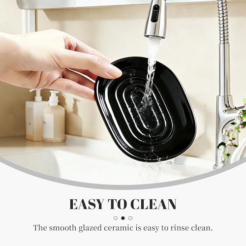 Black Soap Dish for Bathroom & Kitchen Sink – Ceramic Raised Center Keeps Soap Dry & Easy Clean, Heavy Base Stays Put on Wet Surfaces; Also Holds Soap Bars, Sponges, Jewelry, Keys & Small Items - color: Black