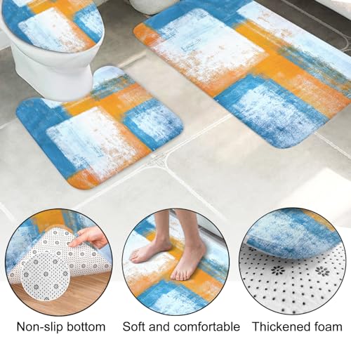 Lnond 4Pcs Bathroom Shower Curtain Sets with Rugs,Blue Orange Painting Art Bathroom Sets with Shower Curtain and Rugs and Accessories - color: Orange Blue White