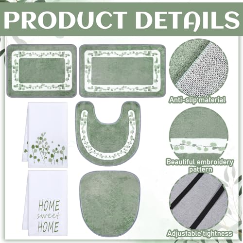 Nuanchu 6 Pcs Sage Green Bathroom Rugs Set with Eucalyptus Leaves Hand Flowers Towels Non Slip U-Shaped Fresh Toilet Rug Water Absorption Bath Mat for Bathroom Bedroom Living Room - color: Green, style: Eucalyptus Leaves