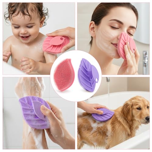 2 Pack Silicone Body Scrubber, Soft Silicone Loofah, Gentle Exfoliating Body Scrubber for Sensitive Skin, Leaf Shaped Shower Scrubbers, Silicone Scrubbers Body Brush for Women Men (Pink & Purple) - size: 2 Pack: Pink & Purple