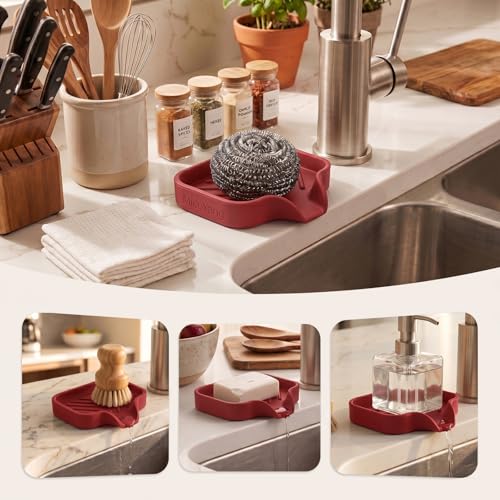 MicoYang Silicone Soap Dish with Drain Spout, Self-Draining Sink Organizer Tray for Bathroom and Kitchen, Sponges, Dispensers and Soap Holder, Non-Slip and Dishwasher Safe, Red (Compact, 4.9"×3.2") - color: Red, size: S(4.9"×3.2")