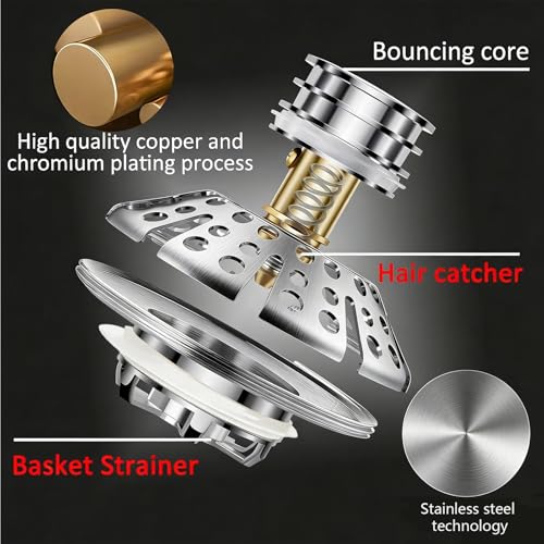 AzWzz Bathtub Drain Stopper, Pop Up Tub Stopper Plug with Bathtub Drain Hair Catcher Cover, Universal for 1.45 in to 1.8 in Tub Drain, Brushed Nickel - color: Brushed Nickel, style: Tub Drain Stopper with Hair Catcher