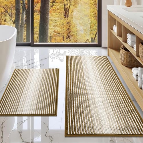 BSICPRO Bathroom Rugs and Mats Sets, 2 Piece Thick Absorbent Chenille Non Slip, Soft Shaggy Bath Room Floor Mats for Bathroom, Machine Washable (Petrified Oak, 20" x 47" Plus 16" x 24") - color: Petrified Oak, size: 20" x 47" Plus 16" x 24"