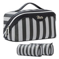 BOYATU Travel Makeup Bag Cosmetic Bag for Women: 3 Pcs Set Striped Make up Bag with Compartments - Waterproof Vegan Leather Toiletry Bag with Handle - Makeup Organizer for Travel Essentials(A-4-Black) - color: A-4-Black