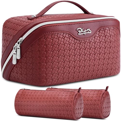 BOYATU Travel Makeup Bag Cosmetic Bags for Women: Large Capacity 3 Pcs Set Make up Bag with Compartments - Waterproof Vegan Leather Toiletry Organizer Bags with Handle (L52Burgundy) - color: L52Burgundy