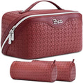 BOYATU Travel Makeup Bag Cosmetic Bags for Women: Large Capacity 3 Pcs Set Make up Bag with Compartments - Waterproof Vegan Leather Toiletry Organizer Bags with Handle (L52Burgundy) - color: L52Burgundy