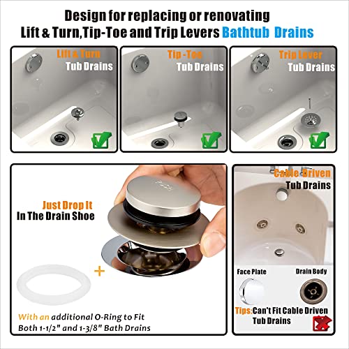 Artiwell Universal Tip Toe Bath Drain Stopper and Cover, Bathtub Drain Stopper, Replaces Lift and Turn, Tip-Toe and Trip Lever drains for Tub, EZ Installation and Clearing (Brushed Nickel) - color: Brushed Nickel