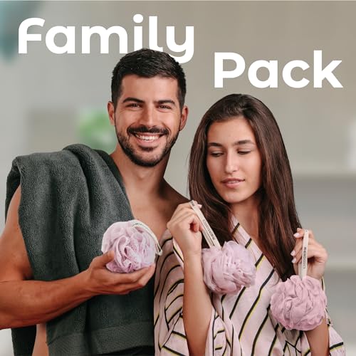 MainBasics Shower Loofah Sponge Pouf, Set of 3, Perfectly Pink | Soft Mesh Body Scrubber and Bath Sponge for Gentle Exfoliation, Rich Lather, and Everyday Shower Use - style: Perfectly Pink