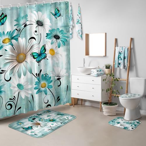 FuWeave 8 Pcs Rustic Farmhouse Shower Curtain Sets for Bathroom Daisy Floral and Butterfly Shower Curtain Sets with Rugs, Flowers Towels, Non-Slip Rug, Toilet Lid Cover, Bath Mat and 12 Hooks(Teal) - color: Daisy