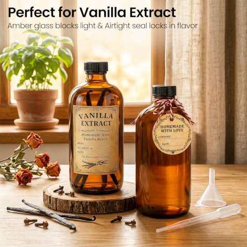 TBWIND 15 Pack 16oz Amber Glass Boston Round Bottles with Airtight Caps | Designed for Homemade Vanilla Extract, Kombucha, Syrups, Herbal Liquids & Tinctures with Droppers, Labels & Funnels - size: 16oz