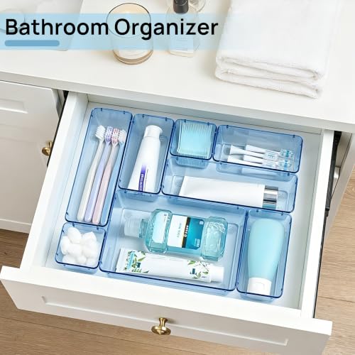 Vtopmart 25 PCS Plastic Drawer Organizers Set, 4-Size Versatile Bathroom and Vanity Drawer Organizer Trays, Storage Bins for Makeup, Bedroom, Kitchen Gadgets Utensils and Office - color: Clear Blue