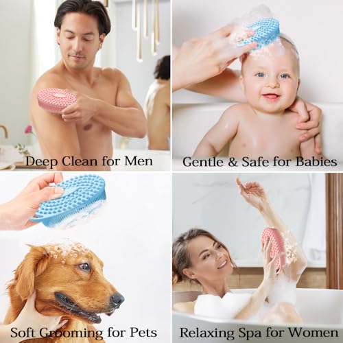 2 Pack Silicone Body Scrubber with Loofah Exfoliating Soft Body Shower Scrubber for Body, 2 in 1 Bath and Shampoo Wash Brush for Skin Exfoliation Men Women (Blue&Pink) - size: Blue&Pink