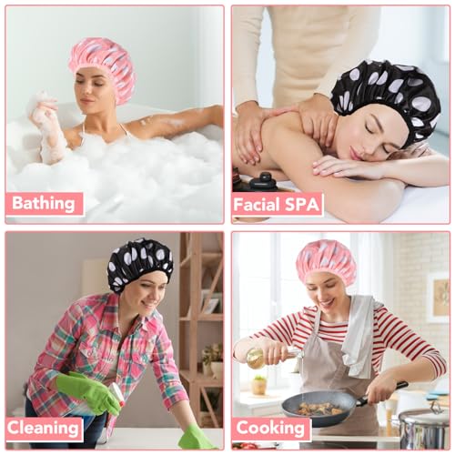 WSICSE 2 Packs Large Shower Caps for Women, Waterproof Shower Cap Double Layers Bath Caps with Hair Scrunchies for Long Thick Hair - color: pink, black