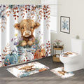 4PCS Fall Highland Cow Shower Curtain Bathroom Sets with Rugs, Toilet Lid Cover and Bath Mat, Autumn Pumpkin Thanksgiving Farmhouse Country Bathroom Decor Set with 12 Hooks - color: Fall Highland Cow