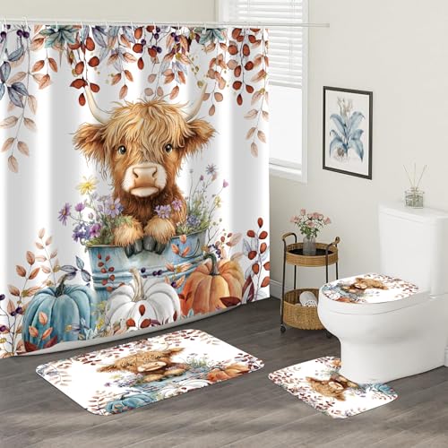 4PCS Fall Highland Cow Shower Curtain Bathroom Sets with Rugs, Toilet Lid Cover and Bath Mat, Autumn Pumpkin Thanksgiving Farmhouse Country Bathroom Decor Set with 12 Hooks - color: Fall Highland Cow