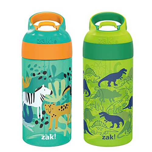 Zak Designs 16oz Riverside Kids Water Bottle with Spout Cover and Built-in Carrying Loop, Made of Durable Plastic, Leak-Proof Water Bottle Design for Travel (Dino Camo & Safari, Pack of 2) - color: Dino Camo & Safari