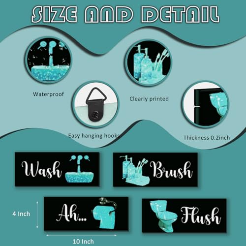 4 Pcs Teal Bathroom Decor Funny Teal And Black Bathroom Decor Wooden Modern Funny Glitter for Home Toilet Decoration(10x4") - color: Teal, size: 10 X 4 Inch