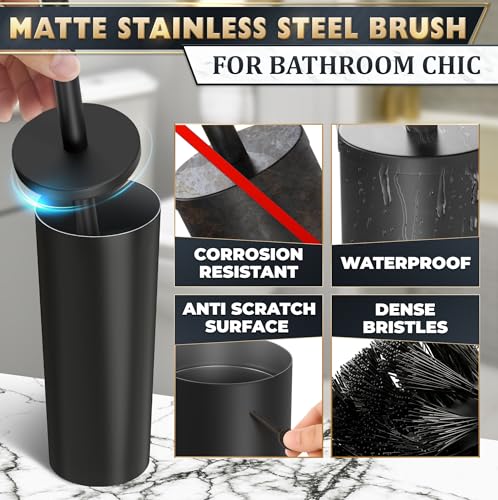 Stainless Steel Toilet Brush and Holder Set, Splash Guard (Black) | Matte Black Toilet Brush and Holder Set, Removable Bowl, Dense Bristles, Long Handle, Scratch Resistant, for Modern Bathrooms - color: Black