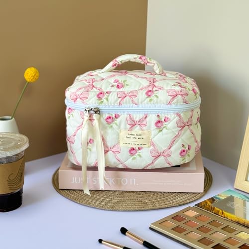 Sminra Makeup Bag Large Travel Quilted Cosmetic Bag Organizer, Floral Cotton Coquette Aesthetic Toiletry Bag Gift for Women Girls (Pink Bow Flowers-L) - color: Pink Bow Flowers-L