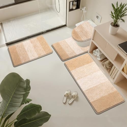 Bsmathom Bathroom Rugs Sets 4 Piece, Soft Absorbent Microfiber Bath Rugs with U-Shaped Contour Toilet Rug and Toilet Lid Cover, Thick Non-Slip Plush Shaggy Bath Mat Set,Beige - color: Beige, size: 18"x26"+18"x48"+U20"x24"+Cover19"x21"