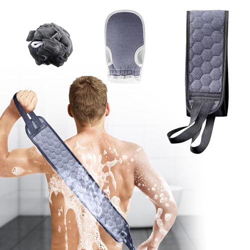 3 PCS Exfoliating Back Scrubber Strap Double Sided Bath Sponges Washer for Shower Deep Clean Towel Long Shower Towel,Grey - color: Grey