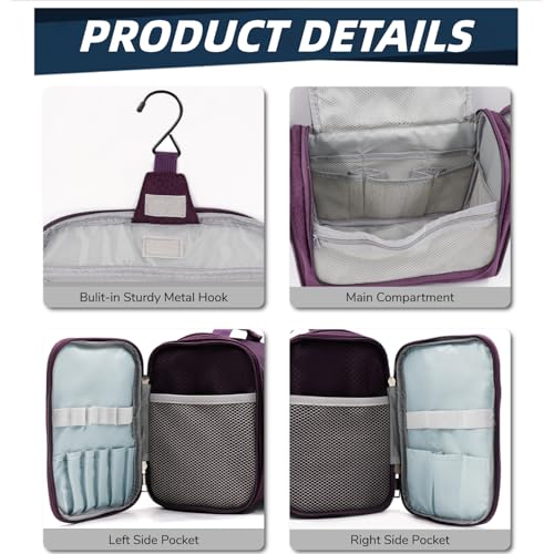 Buruis Hanging Toiletry Bag for Women and Men, Large Water-Resistant Makeup Organizer with Sturdy Hook, Lightweight Nylon Dopp Kit for Full-Sized Toiletries & Cosmetics, Purple - color: Purple, size: Large