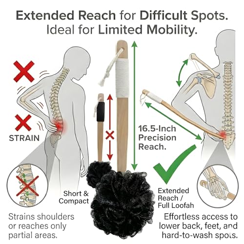 Long Handle Back Scrubber for Shower - About 16.5" Bath Brush with Non-Slip Grip - Body Loofah for Deep Exfoliation, Skin Polishing & Limited Mobility - color: White-rubber Black