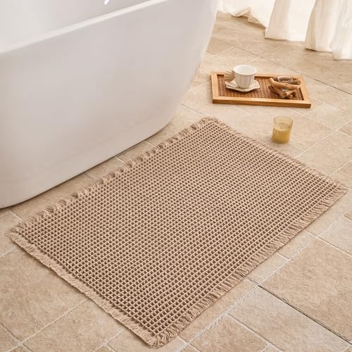 Waffle Bath Mat Non Slip, Boho Bathroom Rug, Super Absorbent Quick Dry Bathroom Mat, Soft Farmhouse Bath Rug with Tassels, Small Washable Shower Mats for Floor 20"x32", Brown - color: Brown, size: 1'8" x 2'8" (Rectangular)