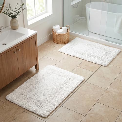 THE BEER VALLEY Set of 2 Reversible Bath Rug 17x24 Inch - White | Cotton Absorbent Thick Bathmat for Bathroom, Washable Toilet Small Throw Mat - color: White, size: 17 x 24 inches (Set of 2)