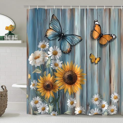 AZHM Rustic Flower Shower Curtain Set Sunflower and Daisy Floral Bathroom Set with Butterfly Accents with Shower Curtain and Bath Mat and 12 Hooks - color: Blue Yellow