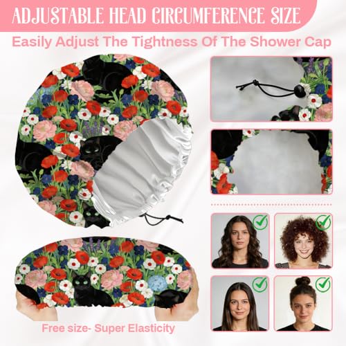 Black Cat Reusable Shower Cap Flower Double Layer Waterproof Shower Caps Large Elastic Hair Cover Adjustable Hair - Drying Caps for Woman Man Bath SPA Travel One Size Fits Most - color: Black Cat