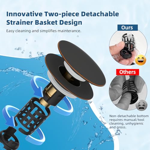 Hibbent Upgraded 3 in 1 Bathroom Sink Drain Strainer, Pop Up Sink Stopper with Big Push Cap, Anti-Clogging Metal Filter Basket,Sink Plug with Hair Catcher for 1.1''~2.36'' Basin, Oil-Rubbed Bronze - color: Oil-rubbed Bronze