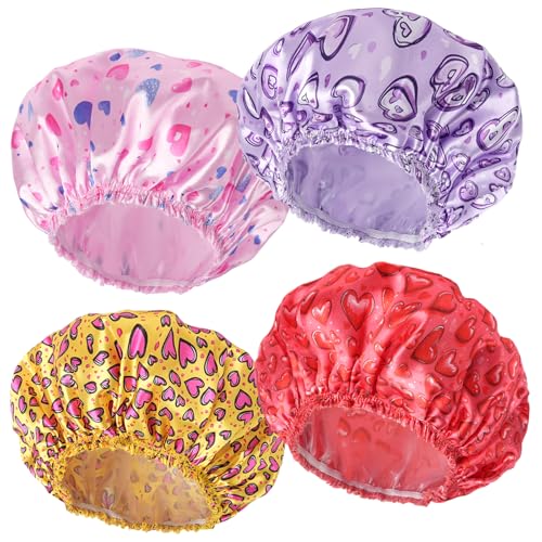 4 PCS Shower Cap for Women, Elastic and Reusable Bath Caps, Double Layers Shower Caps Reusable Waterproof, Bathing Shower Caps, Environmental Bath Hair Protection Cap - Heart - color: Heart