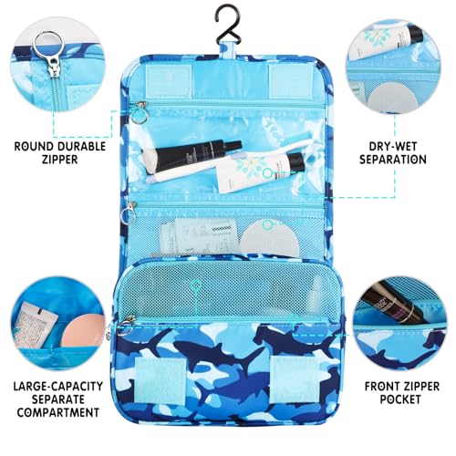 Kids Hanging Toiletry Bag for Boys, Travel Toiletry Bag for Little Young Boys Waterproof Wash Bag Toddler Traveling Toiletries, Shark Blue Camo - color: Shark-Blue