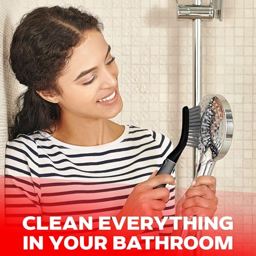 Scrub Brush Set of 6 pcs - Cleaning Shower Scrubbers with Squeegee for Shower Glass and Adhesive Wall Hooks Including Grout Cleaner Brush, Scrub Brushes for Cleaning Bathroom, Shower, Tile, Bathtub - color: Black, Set of 6
