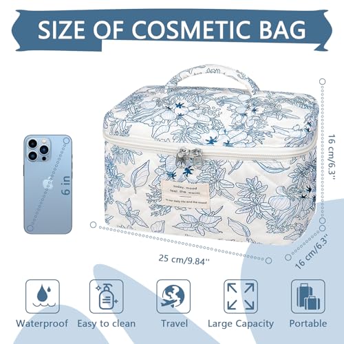 Gosect Large Makeup Bag, Cute Cosmetic Bag for Women Girls, Floral Coquette Aesthetic Toiletry Bag, Travel Make Up Organizer Bag (Navy Blue) - color: 034Navy Blue