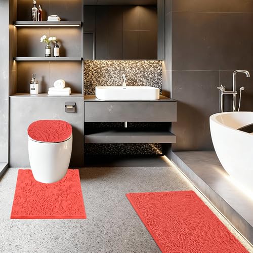 Bathroom Rugs Sets 3 Piece with Adjustable Toilet Seat Cover 19.5"x 18.5" Machine Washable Bath Rug Set with TPR Non Slip Rubber Backing Solid Bath Mat Set for Luxury Bathroom Decoration - color: Coral