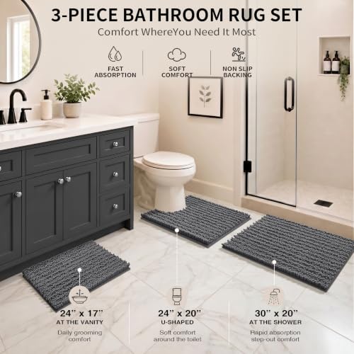 Yimobra Bathroom Rug Set 3 Piece - Super Absorbent Quick Dry Chenille Bath Mats & Toilet Rug, Non Slip Machine Washable, Extra Thick Shaggy Floor Mat for Shower Tub Sink, Dark Gray - color: Dark Gray, size: 24"x17" + 24"x20" + 30"x20"