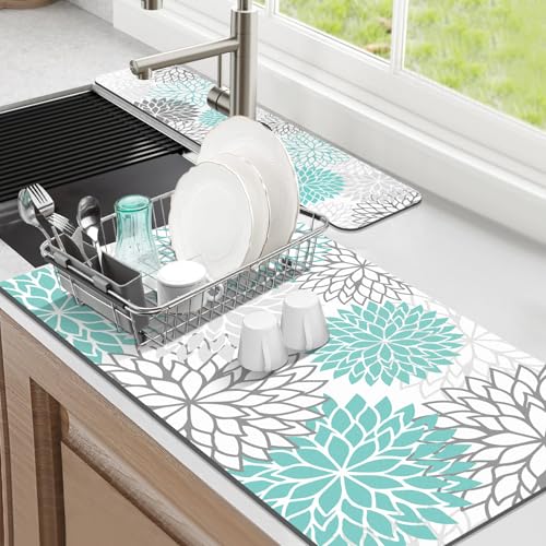 Findosom 2PCS 17" x 32" Dish Drying Mat & 24" x 5.5" Sink Splash Guard, Super Absorbent & Cuttable Dish Mat Drying Kitchen Mat with Teal Floral, Hide Stain Drying Mat for Kitchen Counter - color: Teal, size: 17" X 32" + 24" X 5.5"
