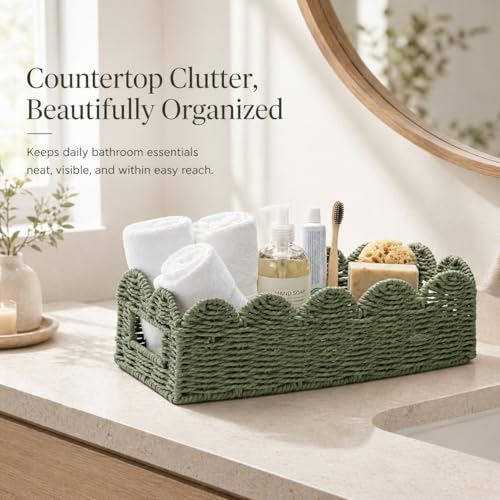 Sage Green Scalloped Toilet Tank Basket — Paper Rope Woven Toilet Paper Holder for Back of Toilet, Scalloped Wicker Tray, Boho Bathroom Organizer and Storage for Tank Top, Countertop & Small Spaces - color: Green