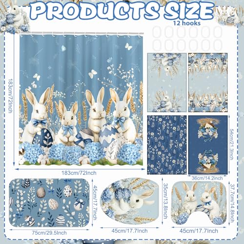 FuWeave 8 Pcs Easter Shower Curtain Set for Bathroom Decor Include Spring Floral Blue Bunny Egg Shower Curtain Hydrangea Towels Non Slip Rugs Toilet Lid Cover Bath Mat and 12 Hooks for Bathroom Decor - color: Blue Bunny