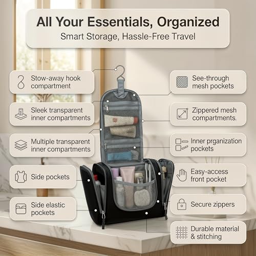 Bago Travel Toiletry Bag for Women and Men X-Large Waterproof Hanging Large Toiletry Bag for Bathroom and Travel Bag for Toiletries Organizer -Travel Makeup Bag (Black) - color: Black, size: X-Large