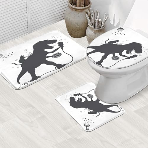 4PCS Kids Funny Dinosaur 71Wx71H Inches Boys Men Dino Cat Animal Shadow Shower Curtain Sets with Rugs, Toilet Lid Cover and Bath Mat, Cute Bath Accessories Art Home Decor Fabric 12 Pack Hooks - color: A4-dinosaur Cat